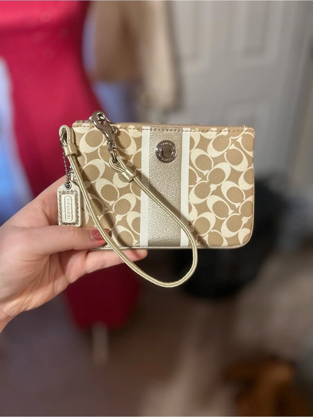 Coach Heritage Canvas Khaki Stripe Wristlet